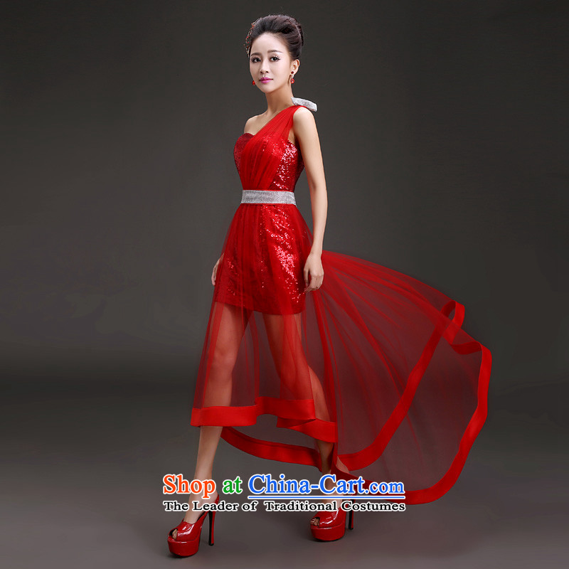 In 2015 the new friends spring and summer evening dresses Korean shoulder graphics thin front stub long after the bride wedding dress bows services under the auspices of performances banquet service Code Red S waistline 1.9 feet of friends (LANYI) , , , shopping on the Internet