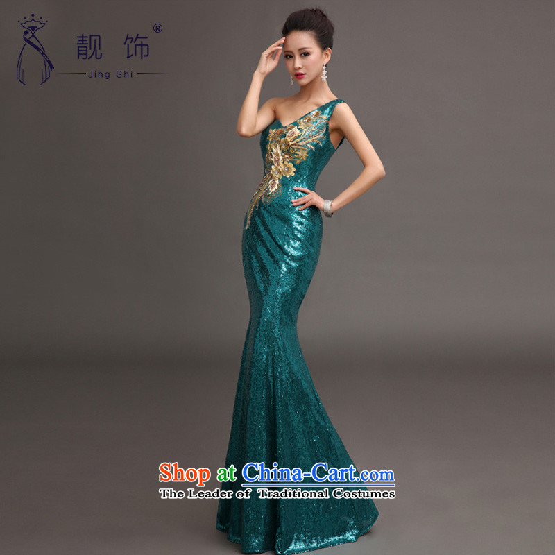 The talks with shoulder evening dresses 2015 new services on-chip bows luxury long crowsfoot dress moderator will align the Blue Lagoon, L, talks to trim (JINGSHI) , , , shopping on the Internet