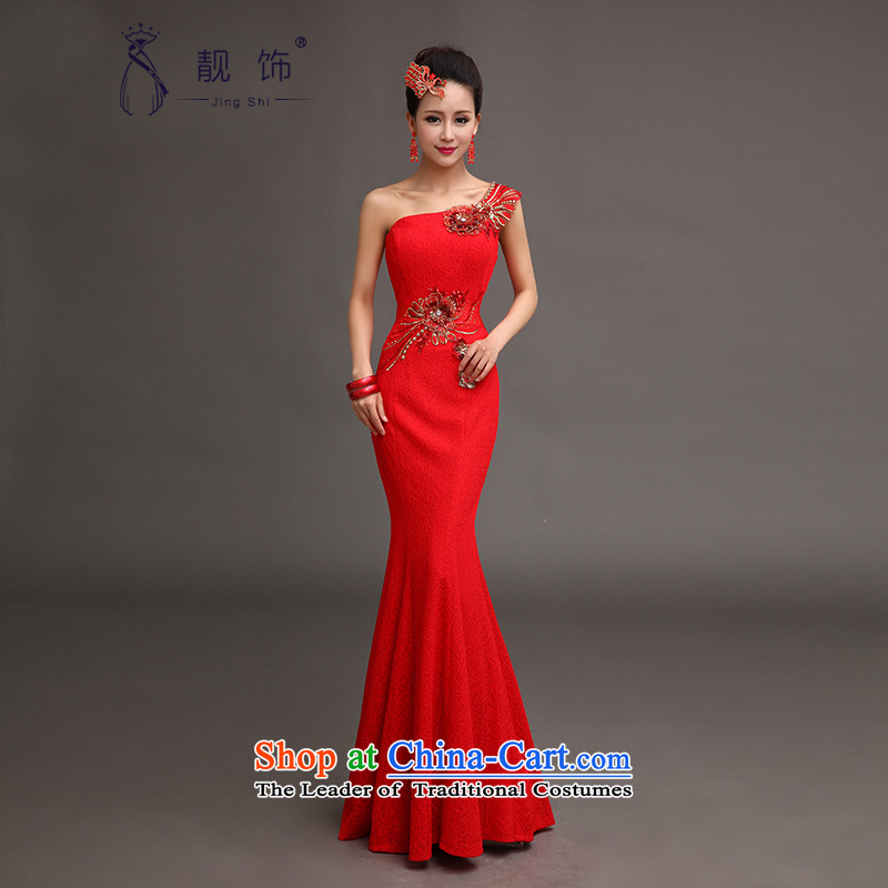 The new 2015 International Friendship red crowsfoot dress shoulder graphics thin dress   New Red crowsfoot dress long marriages bows to female red?S