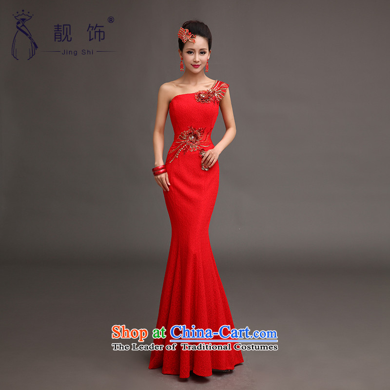 The new 2015 International Friendship red crowsfoot dress shoulder graphics thin dress   New Red crowsfoot dress long marriages bows to female red S talks trim (JINGSHI) , , , shopping on the Internet