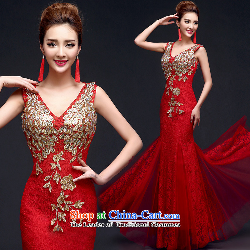 The privilege of serving-leung 2015 new bride with red wedding dress bows evening dress uniform long skirt redS crowsfoot