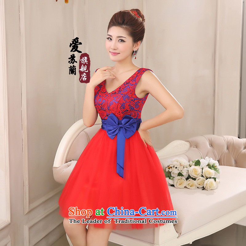 New Dress Short dress hibiscus lace shoulders short dress oval-back dress bridesmaid dress redXXL