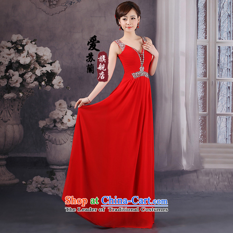 New 2 shoulder dress princess wedding red with V-Neck Mount Bridesmaid Service Bridal toasting champagne evening dresses red married love Su-lan , , , M shopping on the Internet