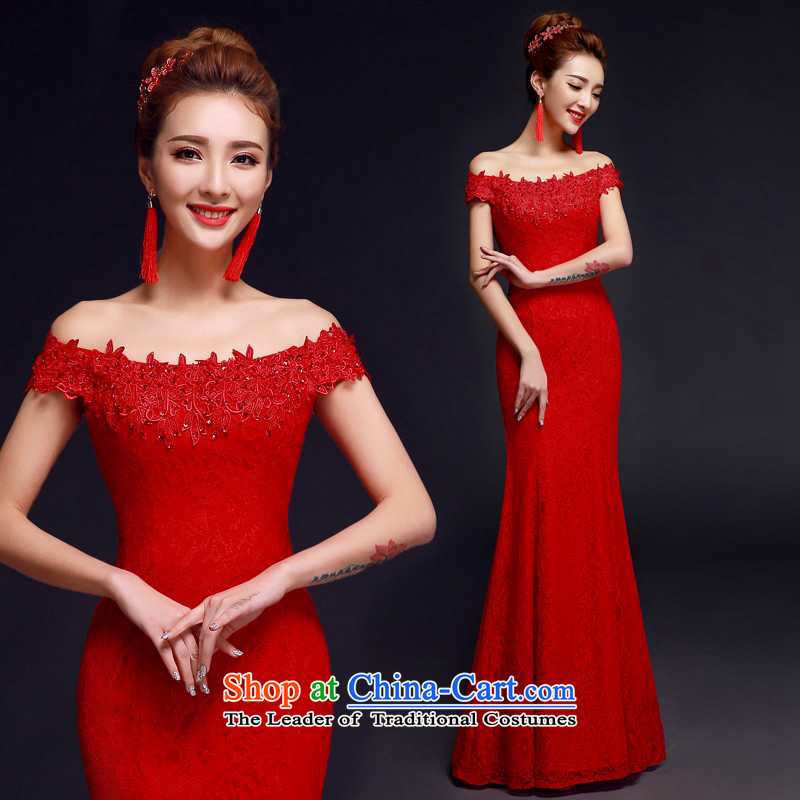 The privilege of serving-leung 2015 new bride replacing wedding dresses Red slotted shoulder evening dresses bows services to align crowsfoot red L