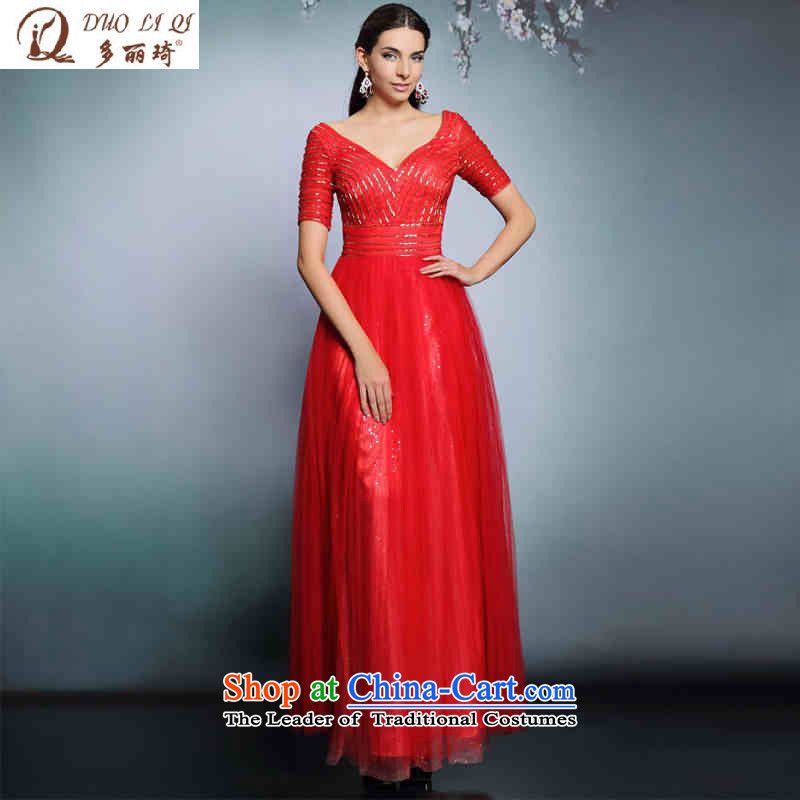 Doris Qi red bride Top Loin of wedding dresses in sleeve v-neck gauze evening banquet 31197 RedXXL
