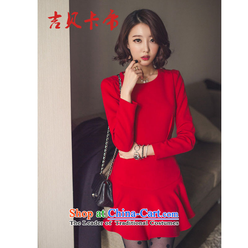 Gibez 9593_ Dili Red Chinese New Year Card Happy temperament, forming the wedding dress elegant beauty skirts dresses female autumn and winter red XL