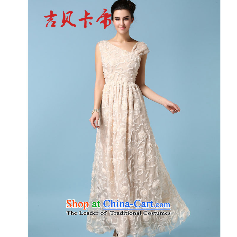 Gibez 7009#2015 Timor spring and summer card banquet dress shoulder and chest dresses stereo flower high emulation population to drag the wrinkle long skirt apricot , L, Gil Bekaa in Dili (JIBEIKADI) , , , shopping on the Internet