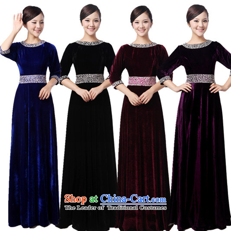 Charlene Choi Ling Bao blue velvet Ms. long skirt choral clothing chorus girl dress uniform choral conductor for services?XL