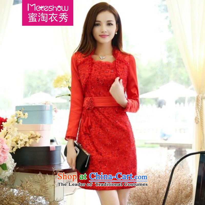 Honey-soo at Amoy yi 2015 new bride dress uniform back door marriage bows with waves for bubbles sleeved vest dresses two kits bridesmaid dress red XXXL kit