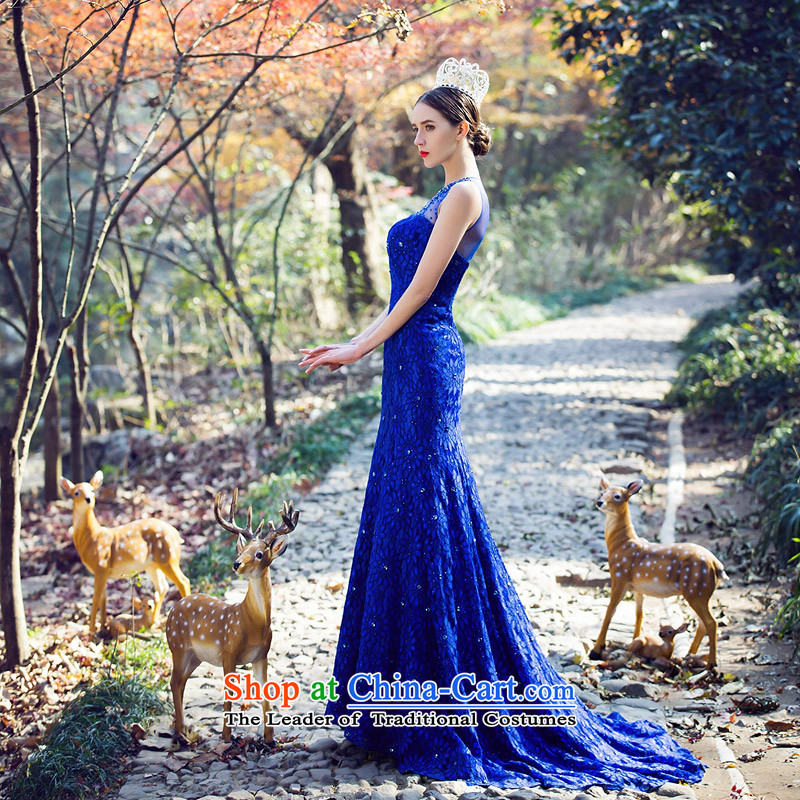 A Bride luxury drill Po-blue dress crowsfoot small trailing dress lace Sau San Dinner 2208 Blue L pre-sale 3 Day Shipping, a bride shopping on the Internet has been pressed.