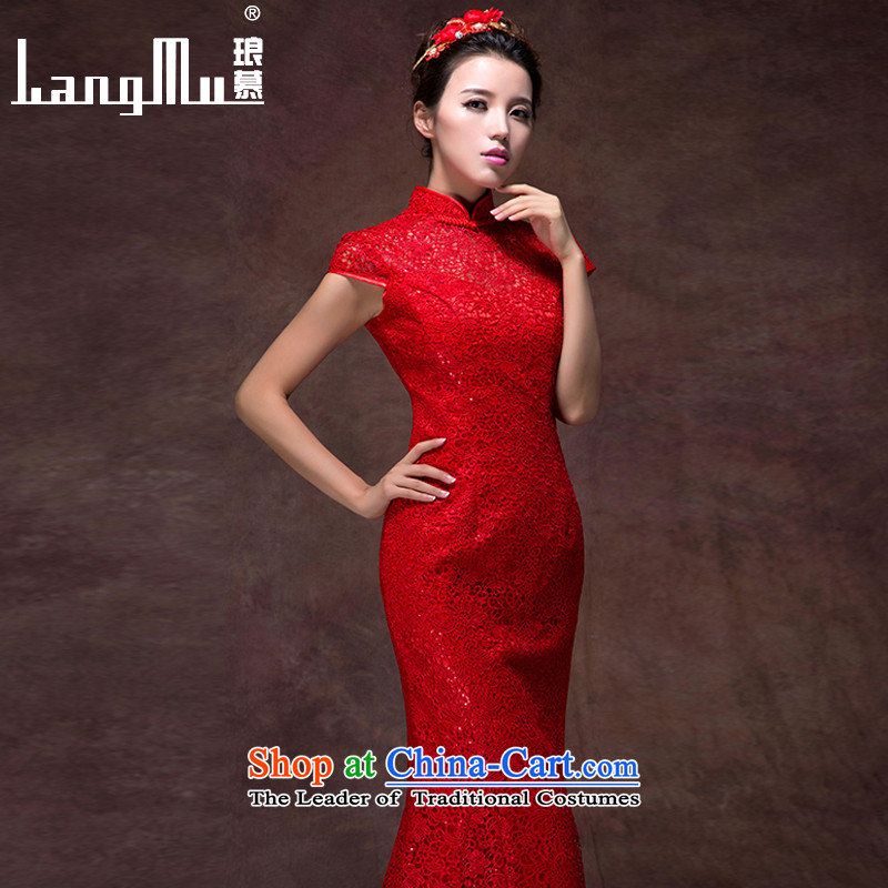 The new 2015 Luang Bridal Fashion bows dress red dress long crowsfoot Sau San Mock-neck wedding dress red size custom, Luang in , , , shopping on the Internet