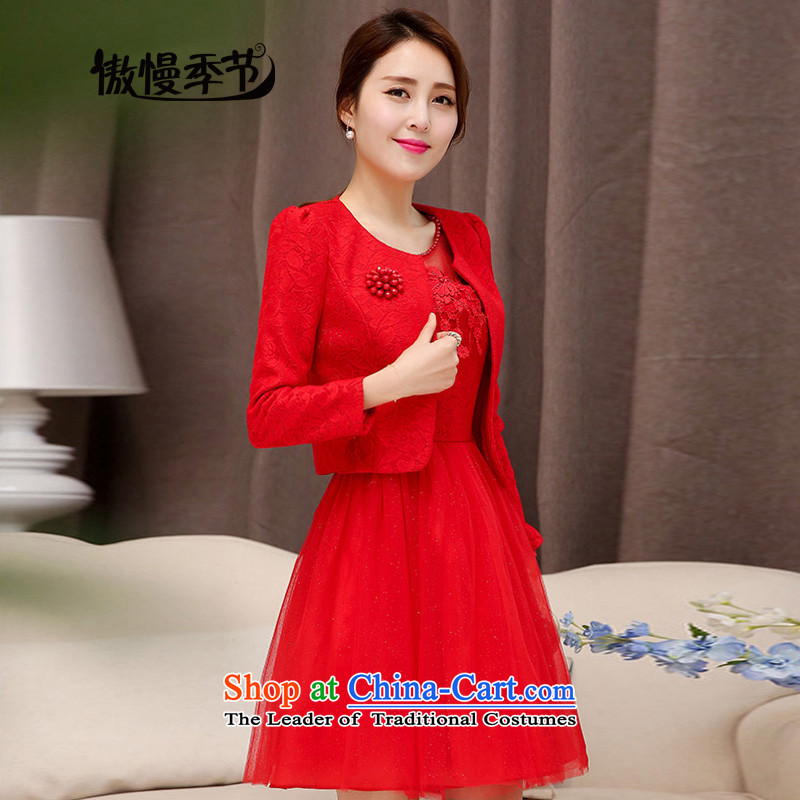 2015 autumn season arrogance new engraving embroidery dress dresses two kits bows services back door onto red bridesmaid services picture color L