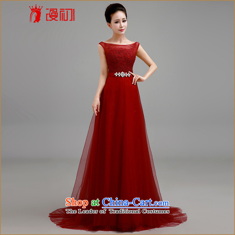 In the early 2015 new man bride red dress long tail dress bows service reception dress evening dress dark red tailXXL
