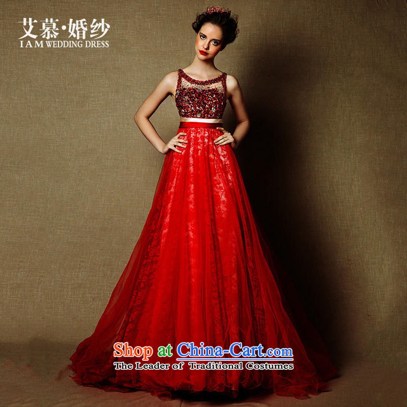 The 2015 new HIV wedding Mass hung lace shoulders tail dinner dress uniform elegant bridal dresses drink red S