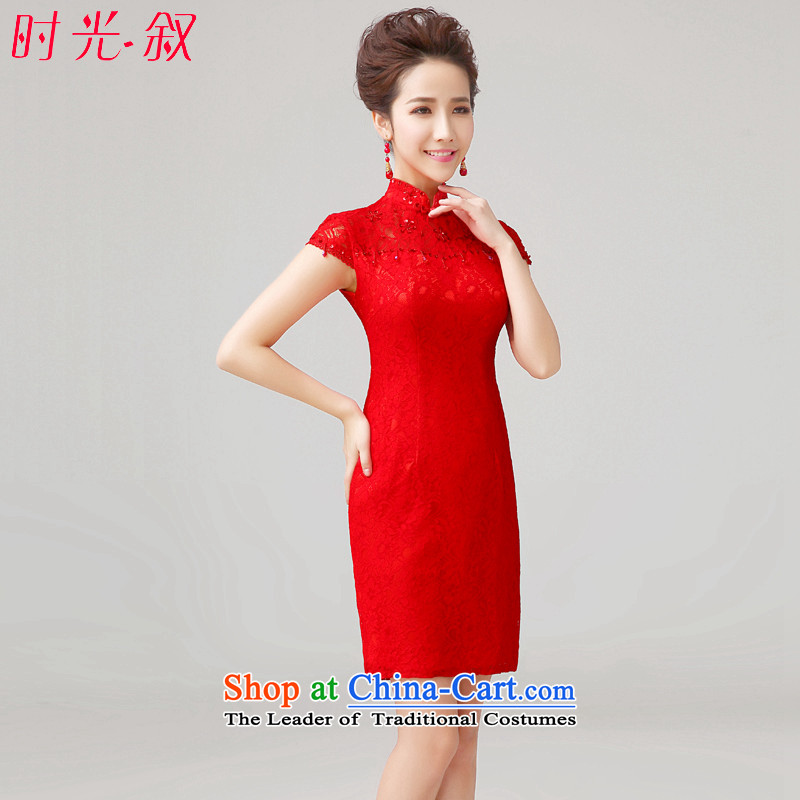Time Syrian qipao skirt bows services fall short improvements stylish bride, lace marriage word qipao shoulder short-sleeved Chinese Dress XL