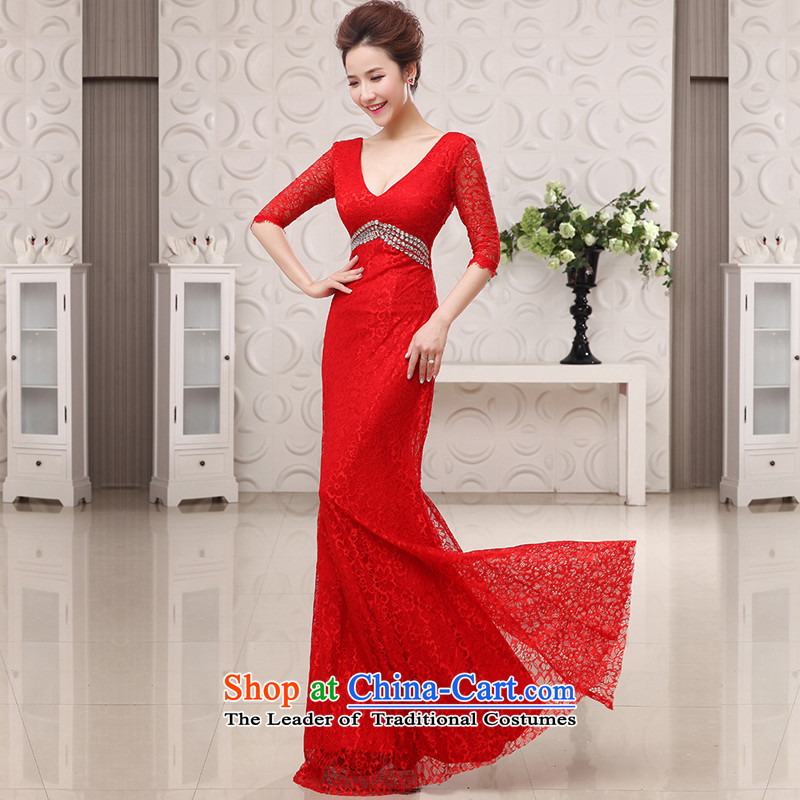 The HIV NEW 2015 bride evening dresses and stylish deep V cuff lace Sau San long marriage bows services red crowsfoot L0046 RED XL code ( 2.2 feet ) of waist miele shopping on the Internet has been pressed.