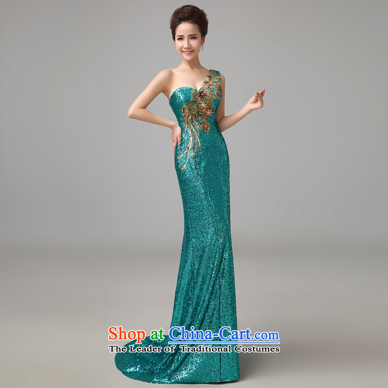Time Syria long evening banquet Service Bridal Fashion crowsfoot bows moderator female dinner evening dress stage nightclubs dark green shoulder dress green XL, Syria has been pressed time shopping on the Internet