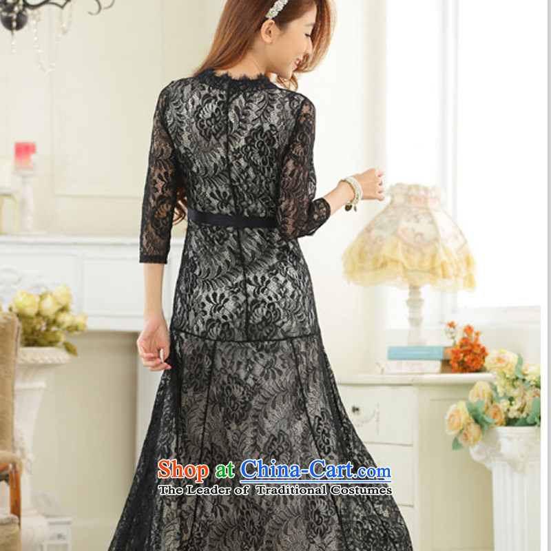 Hiv has been qi big high-end lace sexy V-neck in long-sleeved larger dress dresses 9731A-1  XXL, Black (aiyaqi HIV has been qi) , , , shopping on the Internet