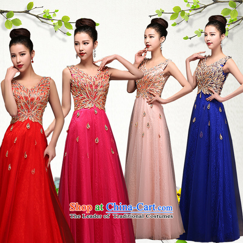 Hei Kaki?2015 new bows dress Korean shoulders evening dresses?V-neck under the auspices of the annual concert dress skirt? DJ16 banquet?rose?L