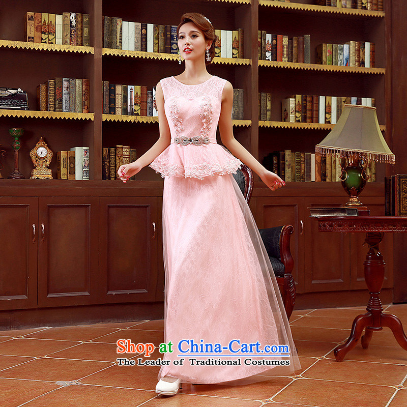 The Korean version of the stylish shoulders bride bridesmaid mission red long marriage bows dress?code pink M