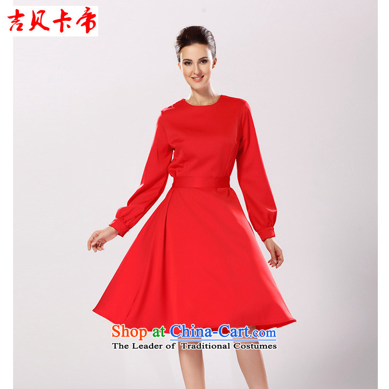 Gibez Card Dili autumn and winter female decorated in female skirt round-neck collar long-sleeved elegant red large dresses red XL, Guybet Card (JIBEIKADI) , , , shopping on the Internet