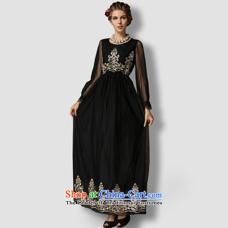 Gibez Card Dili Gibez Card Dili retro gold wire embroidered long-sleeved dresses and gauze engraving dragging long skirt black , L, Gil Bekaa in Dili (JIBEIKADI) , , , shopping on the Internet