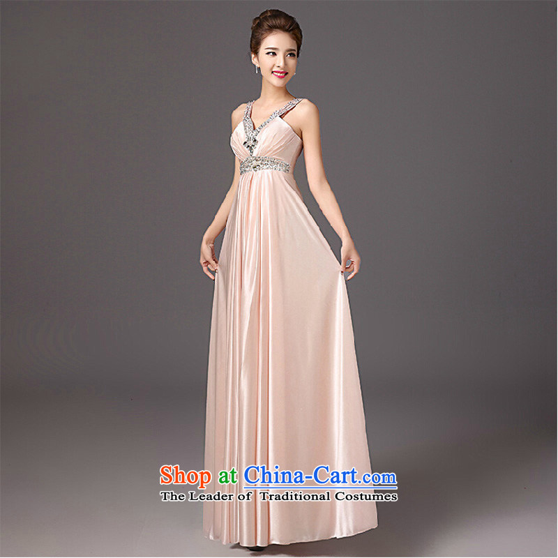 The new 2015 autumn and winter bridesmaid dress long shoulders deep V Annual dress small dress skirt evening dress pink XXL,     of the color is Windsor shopping on the Internet has been pressed.