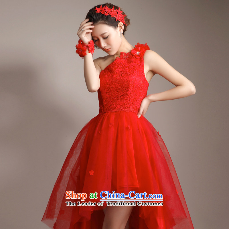 (Heung-lun, as high-end magenta lace shoulder dress bows before I got married after serving the bride short long small trailing 2015 new stylish wedding red S, Hong lun's shopping on the Internet has been pressed.