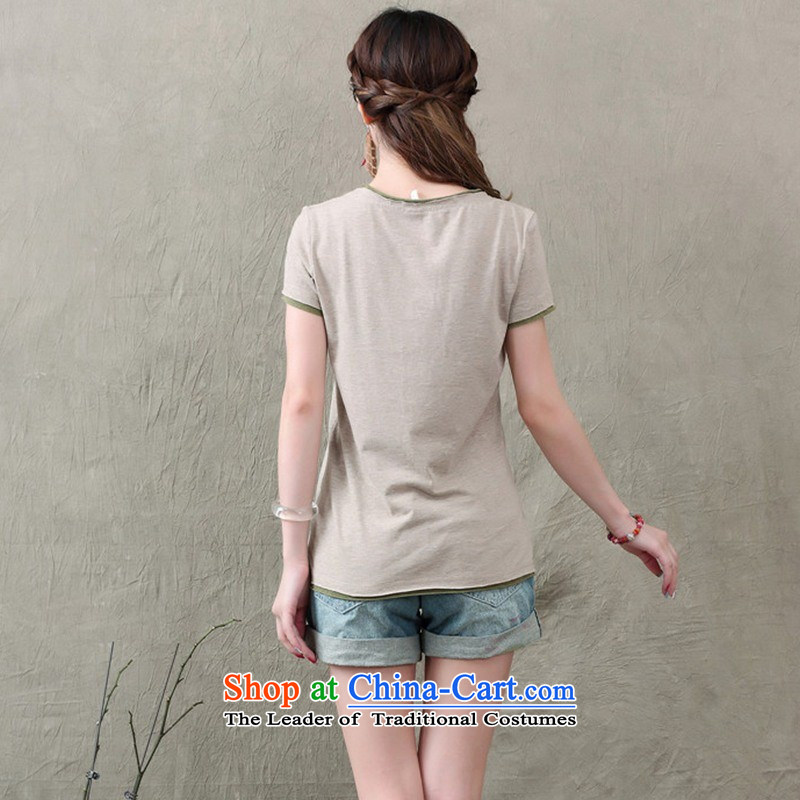 Women's Summer new literary and artistic temperament stamp pure cotton short-sleeved T-shirt with round collar 738 gray T-shirt female S BLUE rain butterfly according to , , , shopping on the Internet