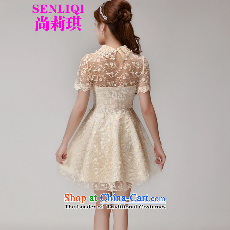 Yet Liqi 2015 Summer new heavy industry staples Pearl Pearl Lace Embroidery collar engraving small incense wind bon bon dresses dress 990 apricot , L, yet liqi shopping on the Internet has been pressed.