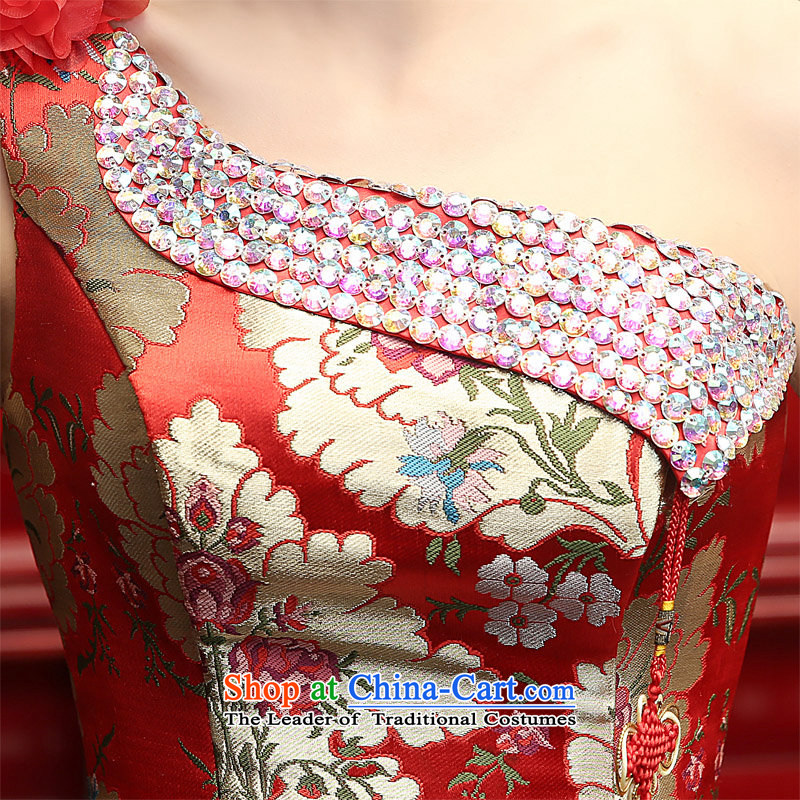 The new 2015 Long Red single shoulder graphics thin bows dress marriages wedding dresses betrothal evening dresses red , L, Su Xiang edge , , , shopping on the Internet