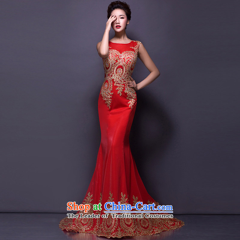 Hei Kaki 2015 new bows dress Korean crowsfoot shoulders evening dresses annual round-neck collar banquet hosted performances dress skirt chinese red P001 S, Hei Kaki shopping on the Internet has been pressed.