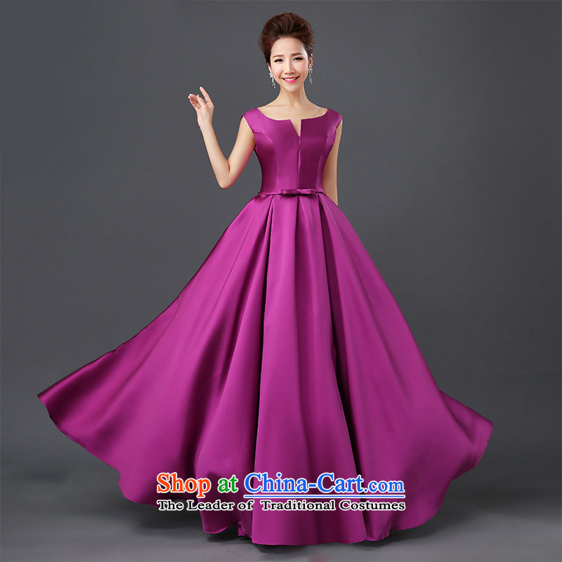 Shared Keun guijin banquet evening dresses 2015 New 2 shoulder length of satin dress bridal dresses small bows to the spring and summer of marriage, purple L code from Suzhou Shipment