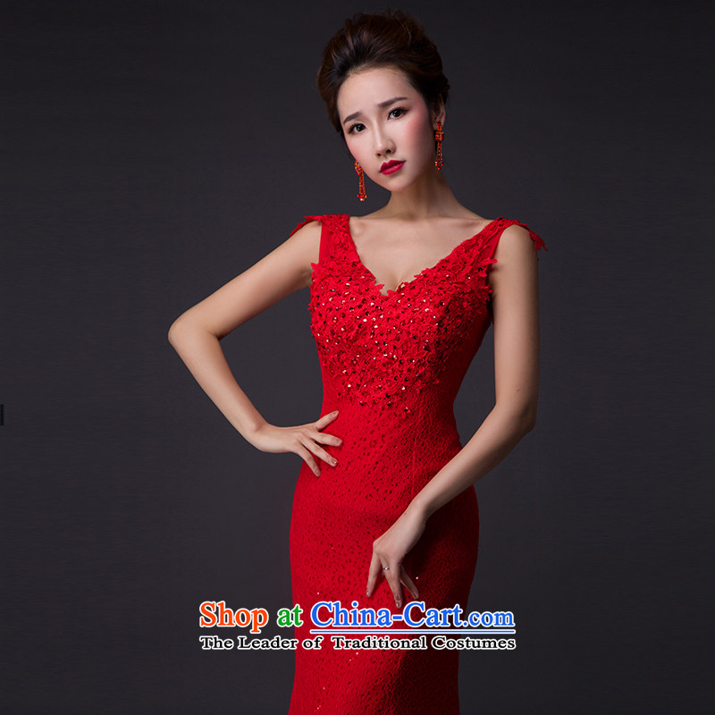 Hei Kaki 2015 new bows dress Korean crowsfoot shoulders evening dresses V-neck under the auspices of the annual concert dress skirt  P006 banquet chinese red XXL, hi kaki shopping on the Internet has been pressed.