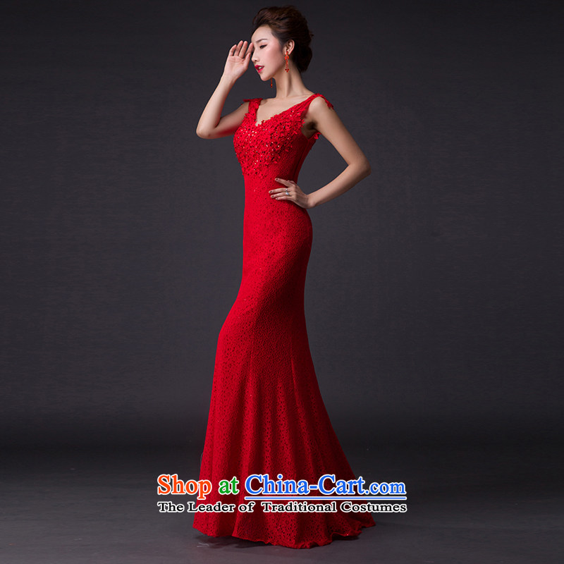Hei Kaki 2015 new bows dress Korean crowsfoot shoulders evening dresses V-neck under the auspices of the annual concert dress skirt  P006 banquet chinese red XXL, hi kaki shopping on the Internet has been pressed.