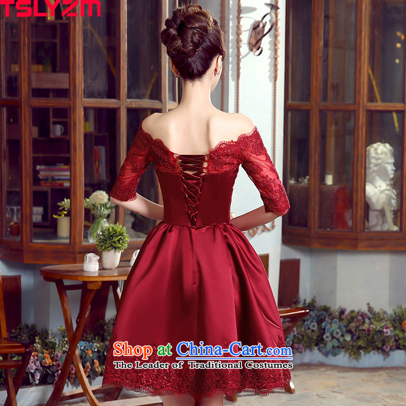 A bride evening dress tslyzm field shoulder wedding dress bows service, Sau San banquet meeting of persons chairing the dress dresses female satin back to door service new wine red Xxl,tslyzm,,, shopping on the Internet