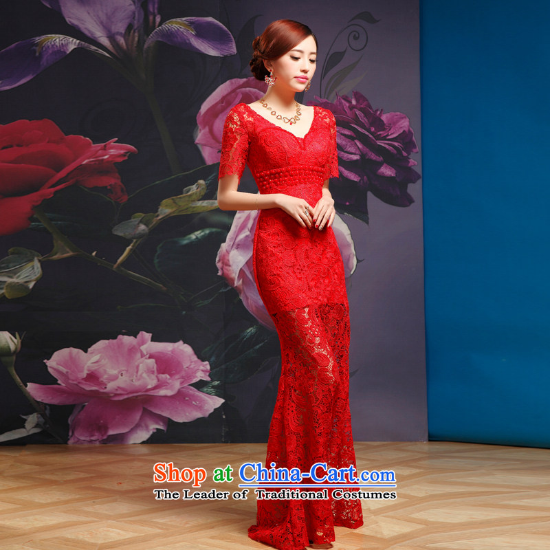 Recalling that hates makeup and bows services red long marriages V-Neck lace short-sleeved evening dress skirt 2015 NEW L13881 RED S, recalling that hates makeup and shopping on the Internet has been pressed.