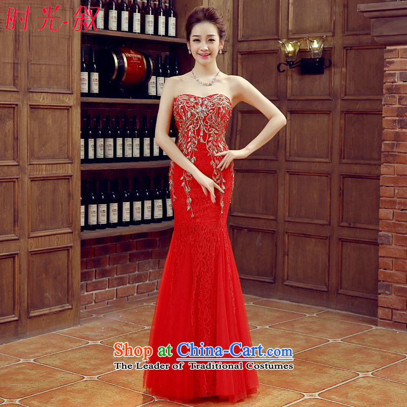 Time Syrian marriages bows services 2015 autumn and winter female new anointed chest long evening dresses red crowsfoot wedding dress Autumn Exhibition car models evening red聽XL