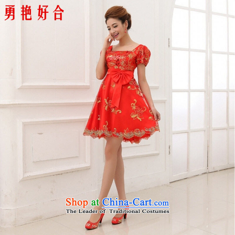 Yong-yeon and 2015 Spring/Summer High-Lumbar Korean front stub long after the marriage for larger bandages wedding dress bows services red short-sleeved red pregnant women crowsfoot XXL, Yong Yim Close shopping on the Internet has been pressed.