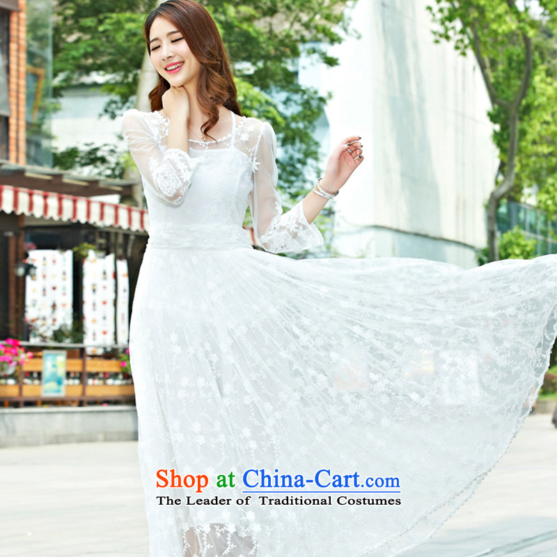 Four two-yi 2015 hook spend engraving Lace Embroidery retro arts oversized swing goddess beach resort long skirt 1335 White , L, four more than two Yi shopping on the Internet has been pressed.