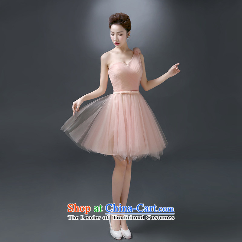 The first white into about?2015 new bridesmaid service single shoulder stylish evening dress short of banquet married women serving drink Mr bon bon skirt pink?M