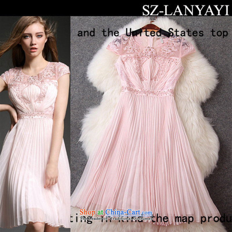 Blue rain dieyi _2015 spring and summer new western style heavy industry like Susy Nagle Pearl set under the Sau San dress dresses T2881 pink?6