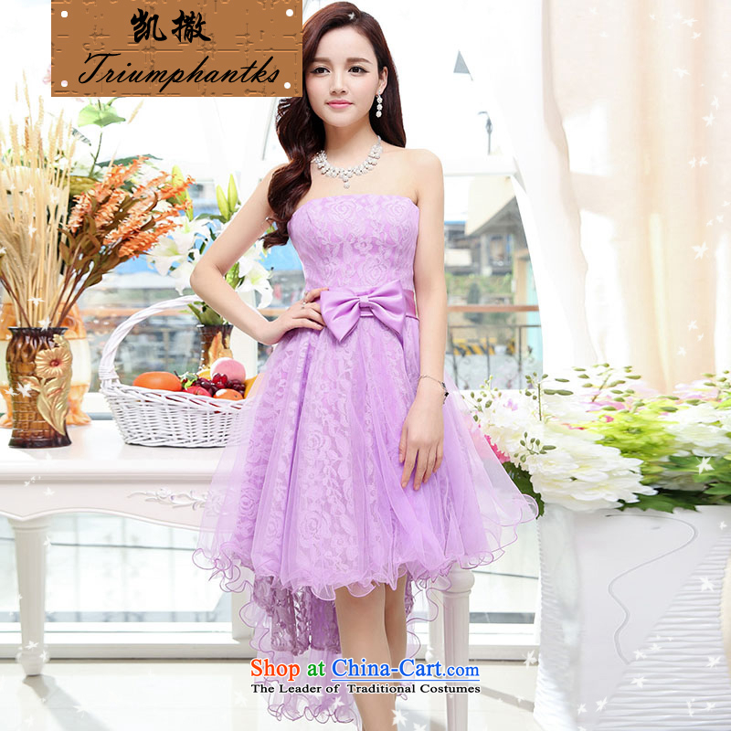 Caesar 681 new women's summer decorated seen wearing short-sleeved round-neck collar marriage wedding dresses and short of chest tail bride bridesmaid evening dress bows services back to the door to purpleS