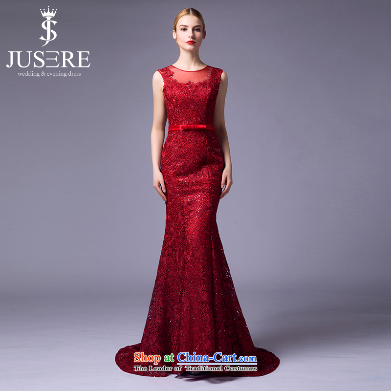 There is a garden land flower wedding dresses 2015 new marriages bows service banquet evening dresses moderator will round-neck collar lace crowsfoot tailored wine red