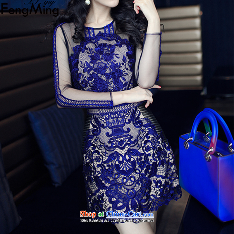 Hsbc Holdings Plc 2015 Autumn Ming Moonlight Serenade with advanced customization aristocratic temperament dress female blue heavy industry lace sexy dresses picture color M Fung Ming (fengming) , , , shopping on the Internet