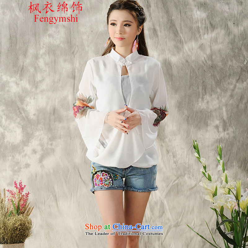 Maple Yi Min International 2015 new long-sleeved shirt qipao hand-painted Tang Dynasty Chinese Nation spring wind F1A033 female white. XL