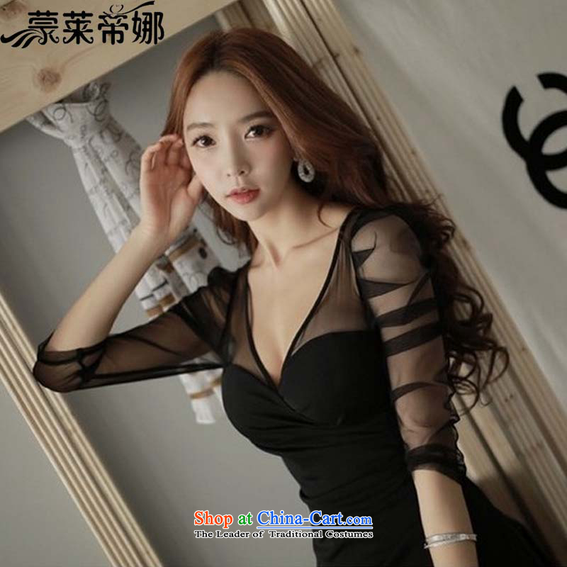 The 2015 Dili Blair Monrovia summer new products at the temperament clothing Foutune of black sexy deep V-neck tight gauze dresses female 8096 Black M, Monrovia, Dili na , , , shopping on the Internet
