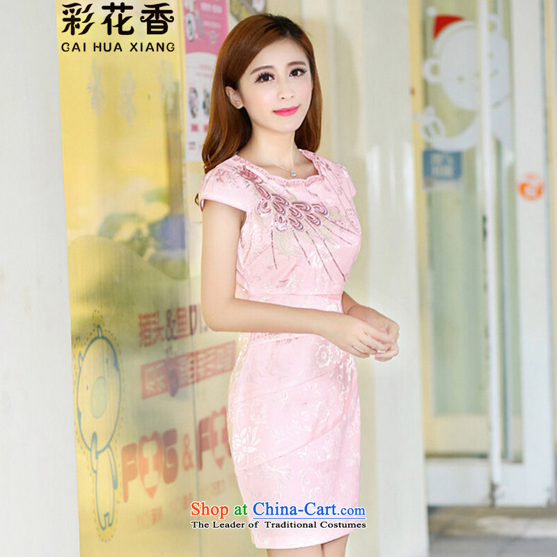 The fragrance of    2015 New Multimedia cheongsam dress stylish improved temperament short of Sau San embroidery cheongsam dress dresses pink colored flowers, L, 1587 (CAI HUA XIANG) , , , shopping on the Internet