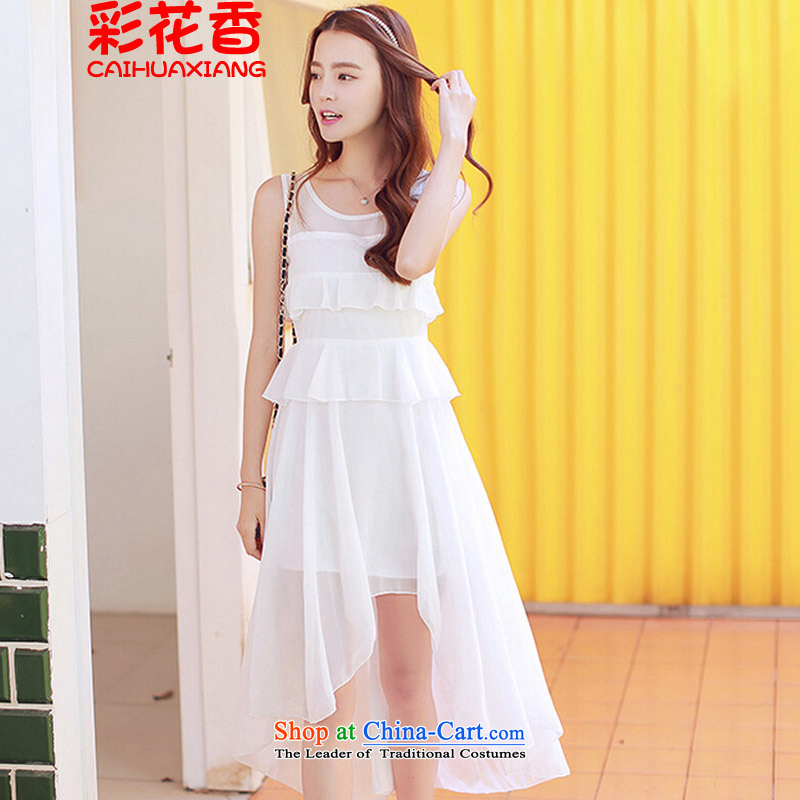 The fragrance of   2015 Summer multimedia new Korean chiffon dresses irregular long skirt front stub long after dovetail dress champagne color S, also rose from 118.85 (CAI HUA XIANG flowers) , , , shopping on the Internet