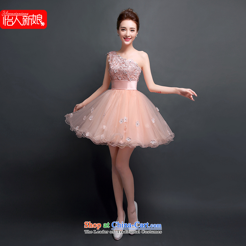 Click New dresses shoulder 2015 Spring/Summer lace marriages bows to Dinner Banquet Korean fashion Sau San bridesmaid short skirt pleasant bride meat pink M pleasant bride shopping on the Internet has been pressed.